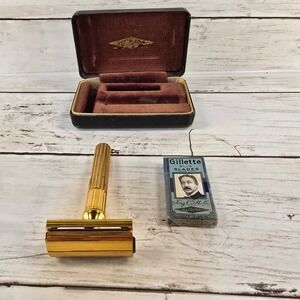Vintage Gillette Aristocrat Gold Safety Razor TTO with Case and Blue Blades